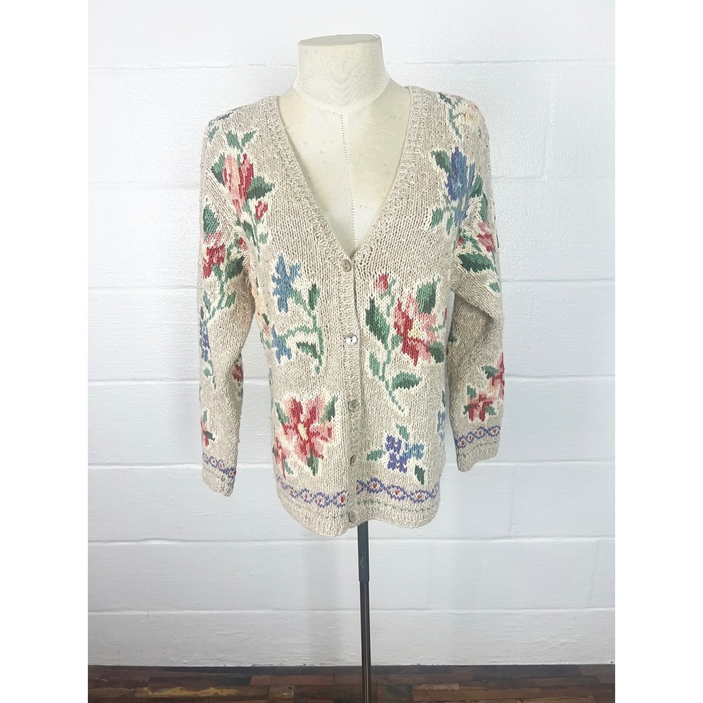 Talbots Vintage Floral Cardigan Sweater Beige Ramie Cotton Knit Size Small